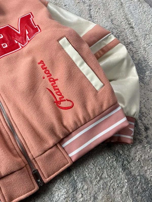Chaqueta Varsity vintage Y2K rosa beige bordada con doble cremallera talla S – photo 6